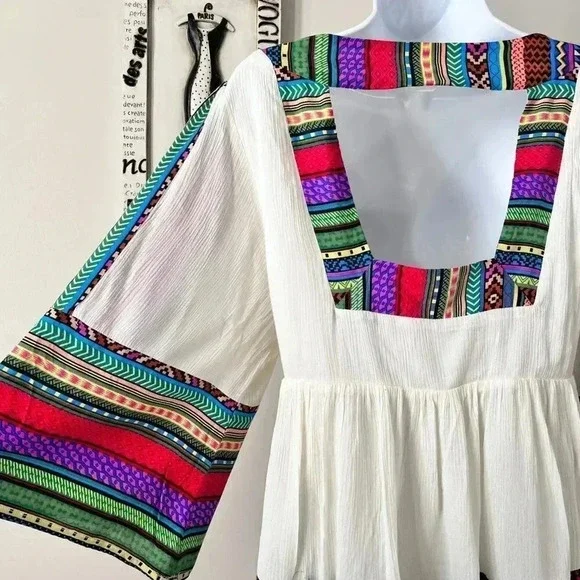 Esley Boho Festival Bell Sleeve Printed White Mini Dress Size L - Picture 10 of 13